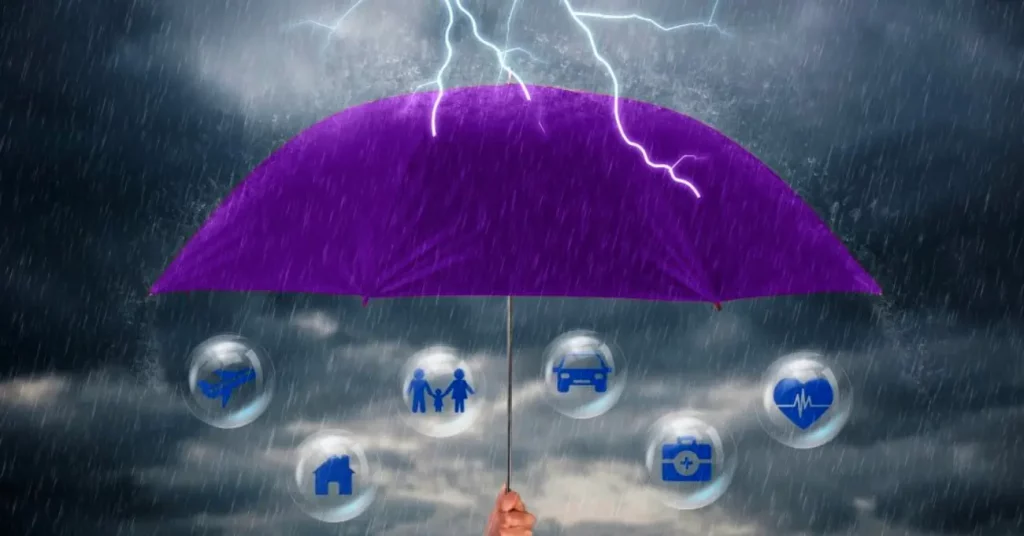 purple umbrella with icons