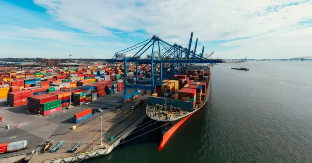 large cargo ship in loading dock